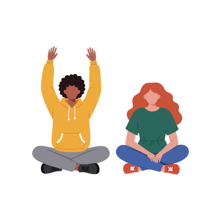 Two diverse people sit cross-legged practicing relaxation and meditation in calm poses, wearing casual clothing with a peaceful and focused mood.のイラスト素材