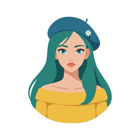 Illustration shows a young woman with teal hair in a blue beret and yellow off shoulder top, looking forward with calm expression. Soft mood.のイラスト素材