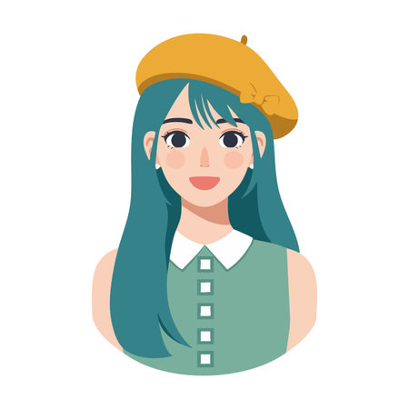 Illustration shows a young woman with teal hair and a yellow beret in a green dress, facing forward...