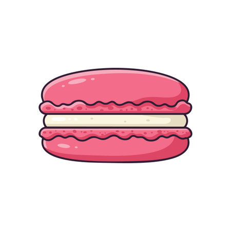 Illustration shows a pink macaron with cream filling in a clean vector style, suitable for bakery and pastry projects, cheerful mood.のイラスト素材
