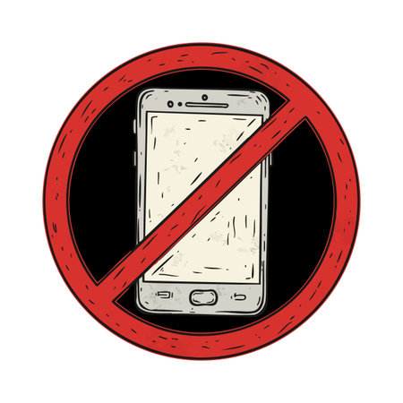 Illustration shows a smartphone inside a red prohibition circle symbol representing no phone usage in a bold graphic style. Clear message, serious mood.のイラスト素材
