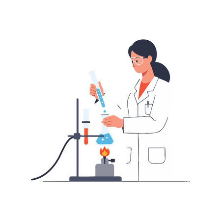 A female scientist uses test tubes and a burner to conduct a chemical experiment in a laboratory setting, showing concentration and precision. Calm mood.のイラスト素材