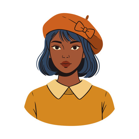 Illustration shows a young woman with blue hair wearing an orange beret and sweater, featuring a calm and confident expression. Stylish mood.のイラスト素材