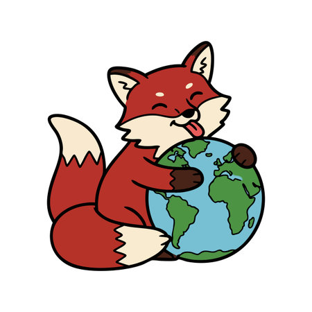Illustration shows a happy fox hugging the earth globe with tongue out, expressing joy and affection in a playful mood.のイラスト素材
