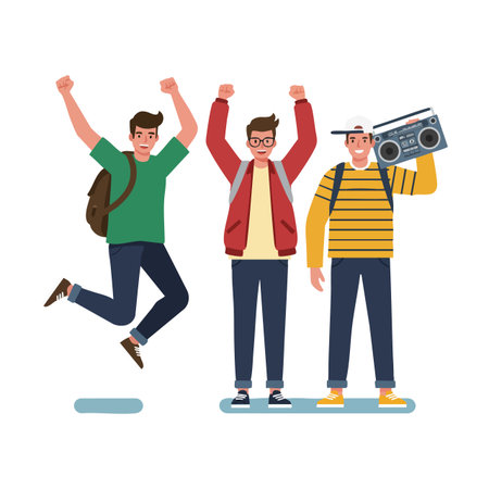 Three young men express joy with raised arms and jumping pose, one holding a boombox, in casual outfits, creating a lively and energetic scene.のイラスト素材