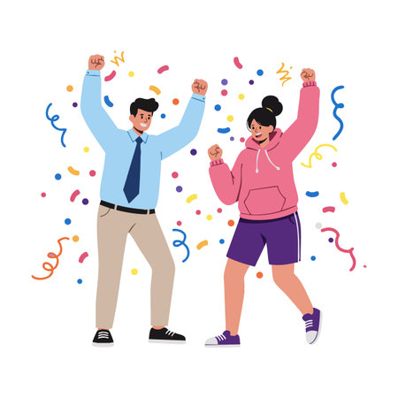 Illustration shows a happy man in business attire and a woman in casual clothes celebrating with colorful confetti and streamers in a joyful mood.のイラスト素材