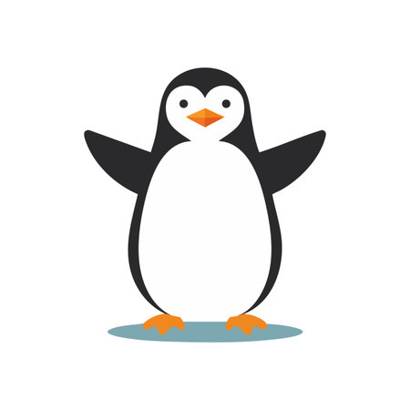 Simple flat design of a happy cartoon penguin with open wings standing on a blue shadow, creating a cheerful and friendly mood.のイラスト素材