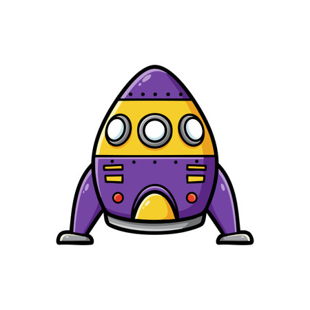 Vector illustration of a purple and yellow space rocket with round windows and fins, designed in cartoon style for children's education and fun. Cheerful.のイラスト素材