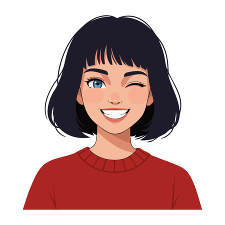 Illustration shows a young woman with short black hair winking and smiling while wearing a red sweater in a cheerful mood.のイラスト素材