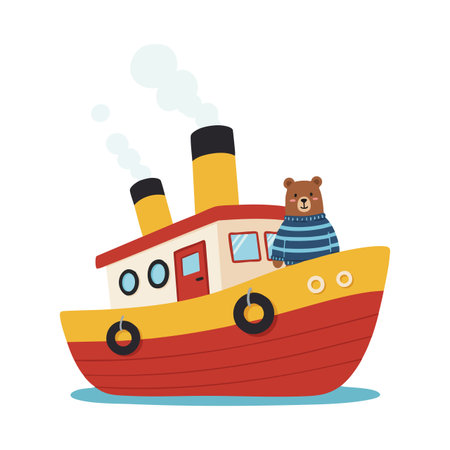 Illustration shows a bear wearing a blue striped sweater on a red and yellow boat with smoke stacks, sailing calmly with a cheerful mood.のイラスト素材