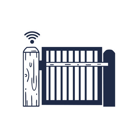 Vector illustration shows a wooden automatic gate equipped with wifi signal for remote control and secure home access in a modern setting. Calm mood.のイラスト素材