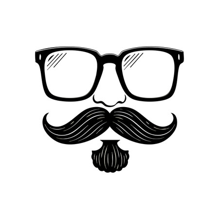 Vector illustration shows a stylized face with thick mustache, beard, and glasses in black and white, creating a vintage hipster mood.のイラスト素材
