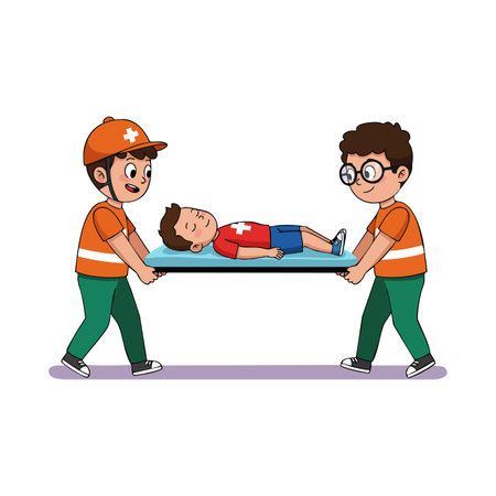 Two emergency workers carry an injured child on a stretcher in a rescue operation, showing teamwork and care. Calm and focused mood.のイラスト素材
