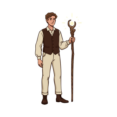 Illustration of a young man in vintage fantasy clothing holding a glowing wooden staff, standing confidently with calm mood.のイラスト素材