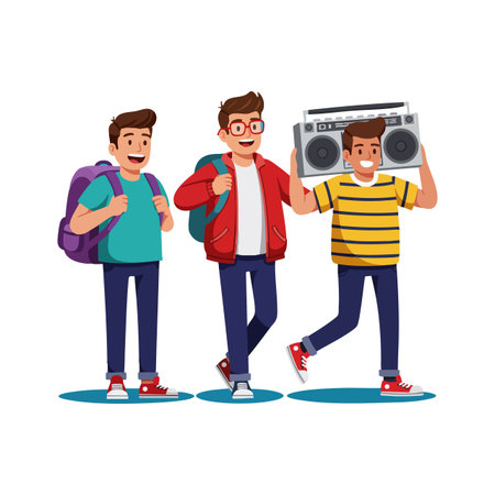 Three boys walk outdoors with backpacks and a boombox, enjoying their time together in a lively and cheerful atmosphere.のイラスト素材