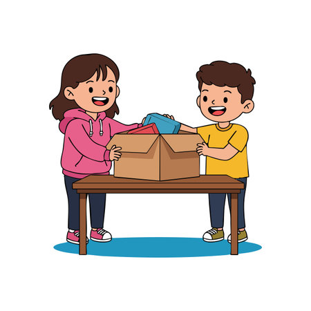 Two children happily pack clothes into a donation box on a table, showing teamwork and kindness in a bright, cheerful scene. Friendly mood.のイラスト素材
