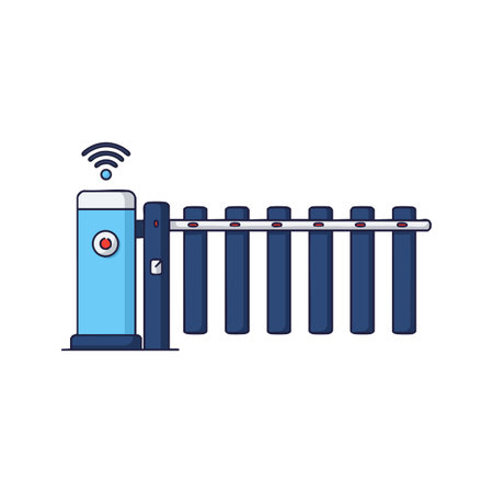 Vector illustration shows an automatic blue barrier gate with wireless signal for parking or security access. Modern and functional design. Calm.のイラスト素材
