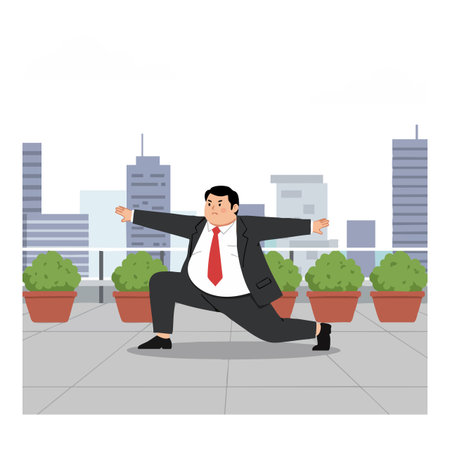 A businessman in a suit and red tie practices martial arts on a balcony with potted plants and city buildings behind, creating a focused atmosphere.のイラスト素材