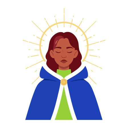 Illustration shows a woman wearing a blue cloak and green garment with a golden halo behind her, creating a calm and reverent mood.のイラスト素材