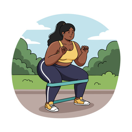 Woman performs squats with a resistance band outside, surrounded by greenery and clear sky, in a focused and energetic mood.のイラスト素材