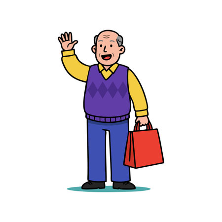 Illustration shows elderly man waving with one hand and holding a red shopping bag in casual clothes, smiling cheerfully. Friendly mood.のイラスト素材