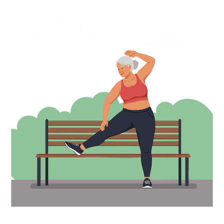 Illustration shows a mature woman in red top and black pants stretching her leg near a park bench with green bushes behind, calm mood.のイラスト素材
