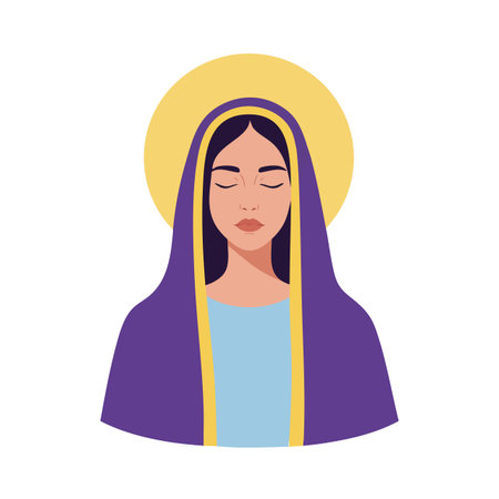 Illustration shows a woman with closed eyes wearing a purple veil with golden trim and a golden halo, calm and peaceful mood.のイラスト素材
