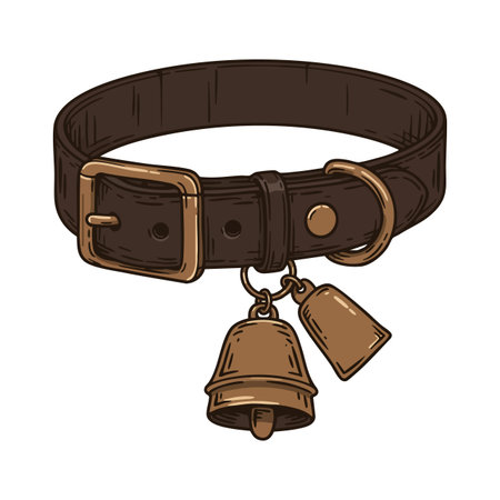 Illustration shows a brown leather dog collar with golden buckle and two hanging bells, rendered in detailed sketch style. Calm mood.のイラスト素材