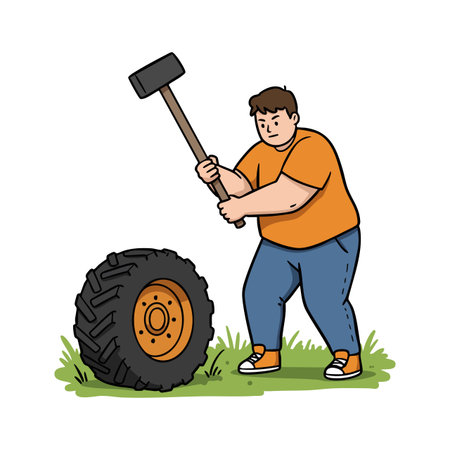 Illustration shows a man using a sledgehammer to strike a tire outdoors on grass, wearing casual clothes, conveying strength and effort mood.のイラスト素材