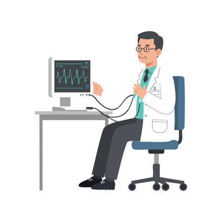 Male doctor in white coat examines heart rate monitor while seated on office chair, depicting medical analysis and focus. Calm mood.のイラスト素材
