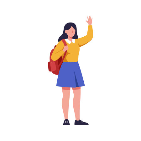Illustration shows a young female student waving her hand, wearing a yellow top and blue skirt, carrying a red backpack, friendly mood.のイラスト素材
