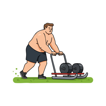 Illustration shows a man pushing a weighted sled on grass during a strength training exercise workout, focused and determined mood.のイラスト素材