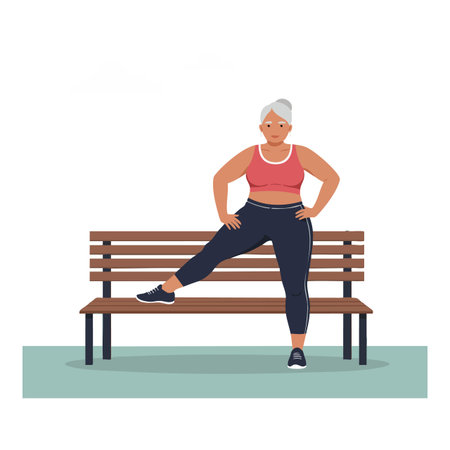 Woman in sporty outfit stretches her leg on a wooden bench in the park, demonstrating fitness and health with a focused mood.のイラスト素材