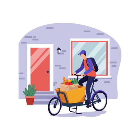 Delivery person rides a cargo bike loaded with groceries in front of a residential house, showing urban lifestyle and eco-friendly transport mood.のイラスト素材