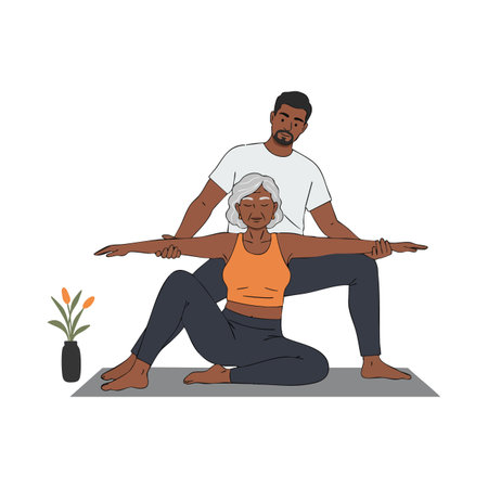 The image shows an older woman and young man practicing partner yoga indoors on a mat, creating a calm and focused atmosphere.のイラスト素材