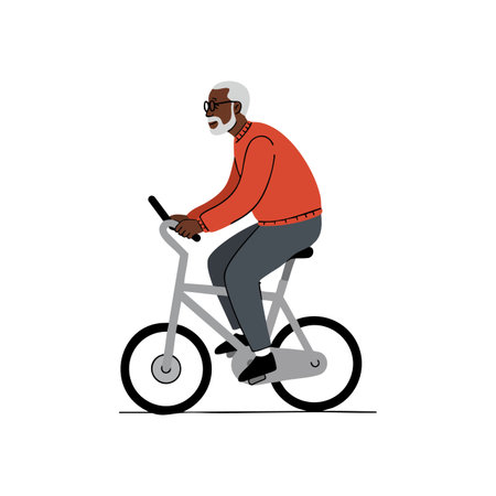 Illustration shows an elderly man riding a bicycle wearing glasses and casual clothing, promoting active lifestyle and wellness. Calm mood.のイラスト素材