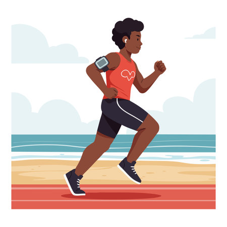 Athlete runs on a beach track wearing fitness gear and a heart rate monitor, showing determination and health focus. Energetic mood.のイラスト素材