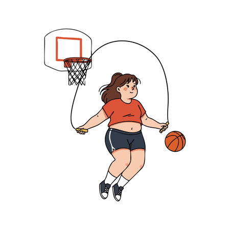 Girl jump roping near basketball hoop while a basketball rests nearby, illustrating active play and sports enthusiasm in a bright setting. Energetic mood.のイラスト素材