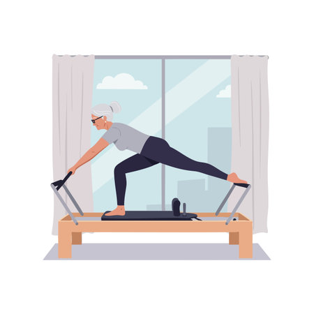 Senior woman performs Pilates workout on reformer machine indoors by large window with natural light and cityscape, focused and calm mood.のイラスト素材