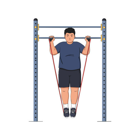 Illustration shows an overweight man exercising with resistance bands on a pull-up bar, focusing on...