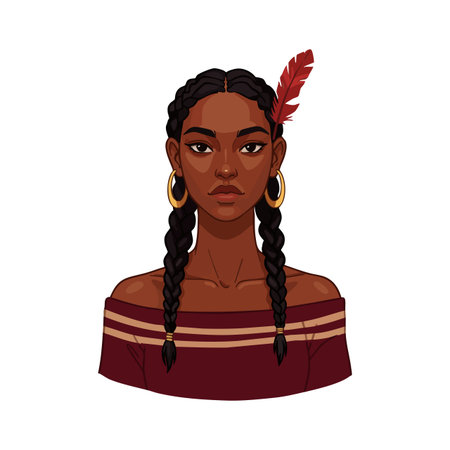 Illustration shows young woman with dark braided hair, gold hoop earrings, and a feather accessory wearing a maroon top, conveying calm confidence.のイラスト素材