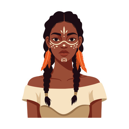 Illustration of an indigenous woman wearing tribal face paint and orange feather earrings, depicted in a neutral expression, creative and calm.のイラスト素材