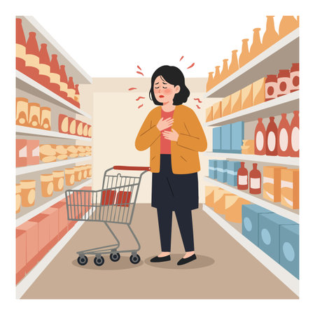 Woman stands in supermarket aisle clutching chest in discomfort amid shelves of groceries, conveying concern and unease mood.のイラスト素材