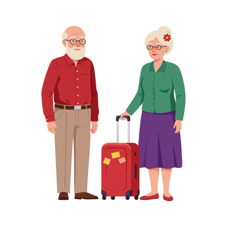 Illustration shows elderly couple standing with red suitcase, dressed casually, preparing for travel and vacation, conveying calm and hopeful mood.のイラスト素材