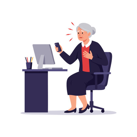 Illustration shows an elderly woman sitting at office desk holding phone with chest pain, expressing distress in a professional setting, serious mood.のイラスト素材