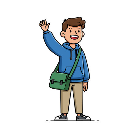 Illustration of a young man waving hand wearing a blue hoodie and green shoulder bag in casual style standing happily. Cheerful mood.のイラスト素材
