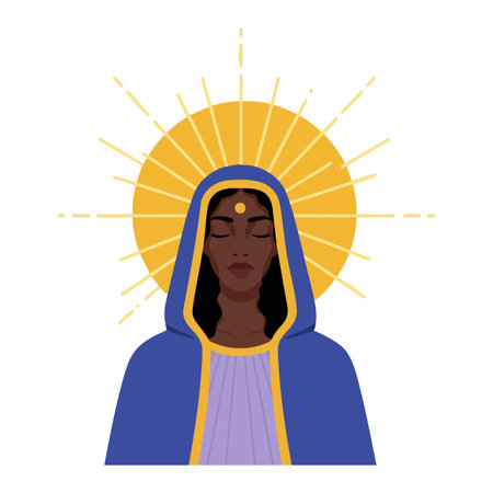 Illustration shows woman with dark skin wearing a blue hood and glowing golden halo behind her, evoking calm and reverence mood.のイラスト素材