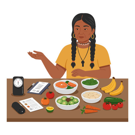 Woman with braided hair explains healthy diet using vegetables, fruits, and a clock on table in a calm setting. Informative mood.のイラスト素材