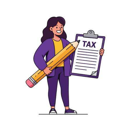 Woman stands holding a clipboard with a tax form and a large pencil, illustrating tax preparation and finance focus. Cheerful mood.のイラスト素材
