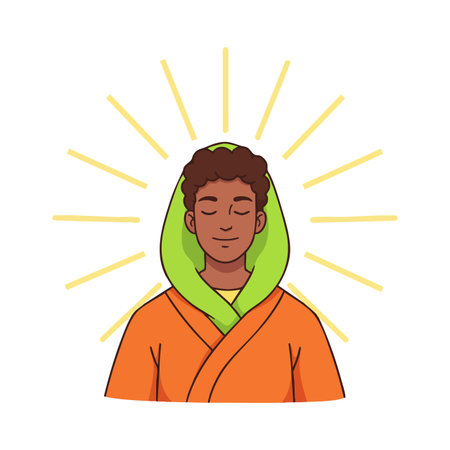 Illustration shows a young person meditating calmly with eyes closed wearing green hoodie and orange robe surrounded by glowing yellow rays peaceful mood.のイラスト素材